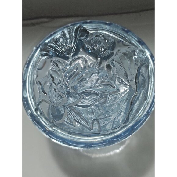 Vintage KIG Blue Glass Lidded Candy Jar Floral Lid Design 4" Tall x 4 1/2" dia. - Picture 7 of 8